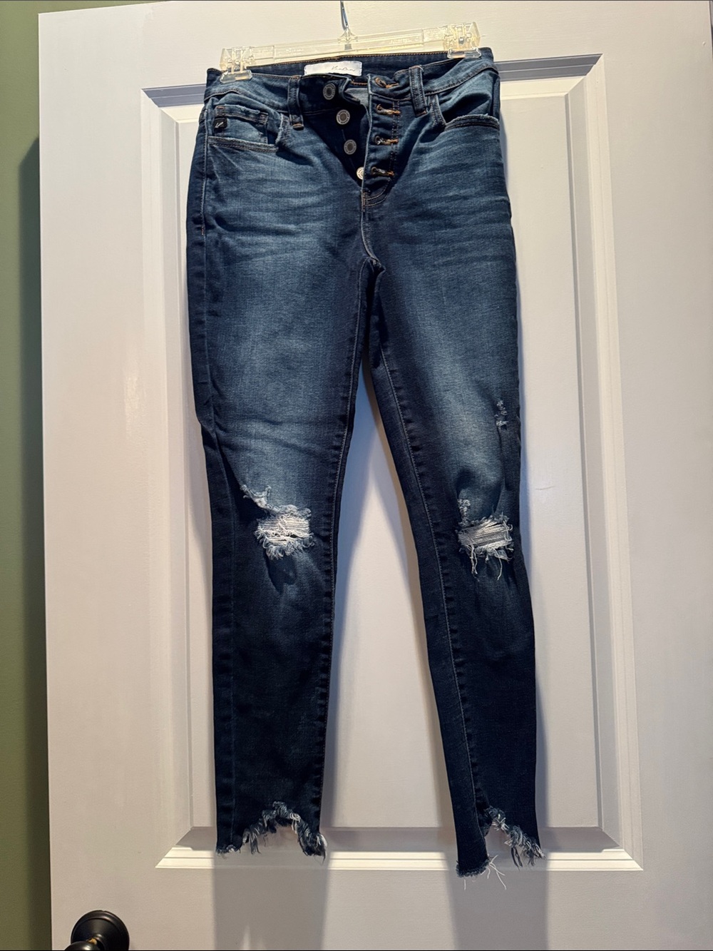 KanCan Dark Blue Distressed High-Rise Skinny Jeans with Frayed Ankles
